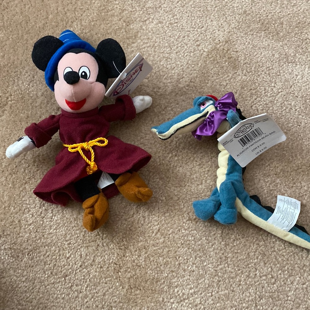 Vintage Disney Sorcerer Mickey and Fantasia alligator beanie babies